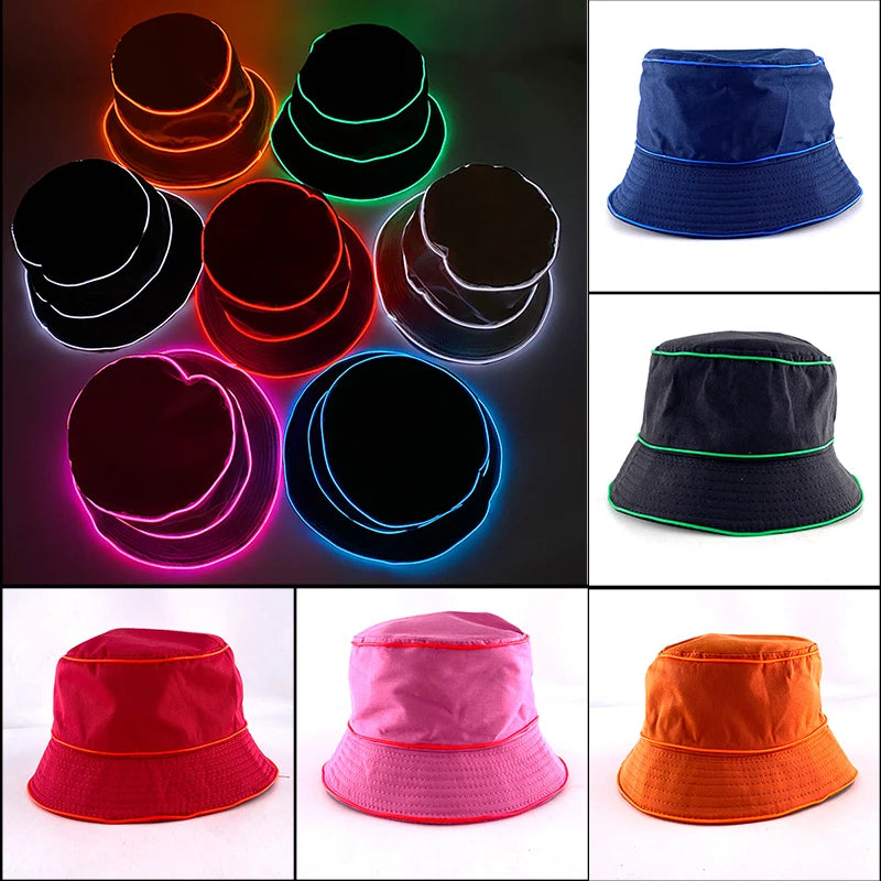 Luminous Neon LED Men Women Solid Color Bucket Hats Hip Hop Panama Cap Fisherman Hats Cotton Outdoor Summer Casual Fishing Cap