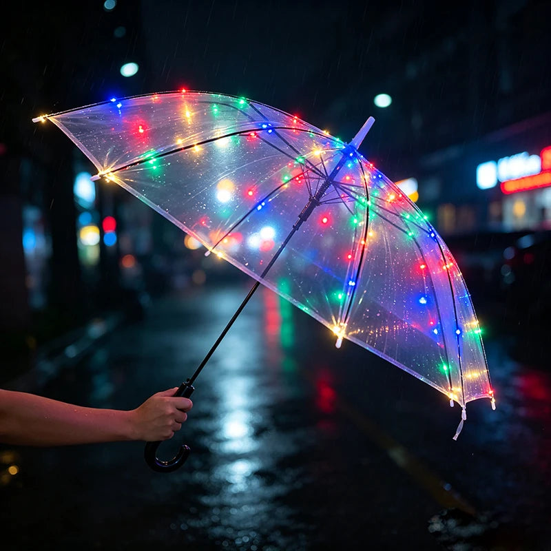 Luminous LED Light Up Transparent Umbrella Party Wedding Night Walking Decor Umbrella Multiple Colors Optional