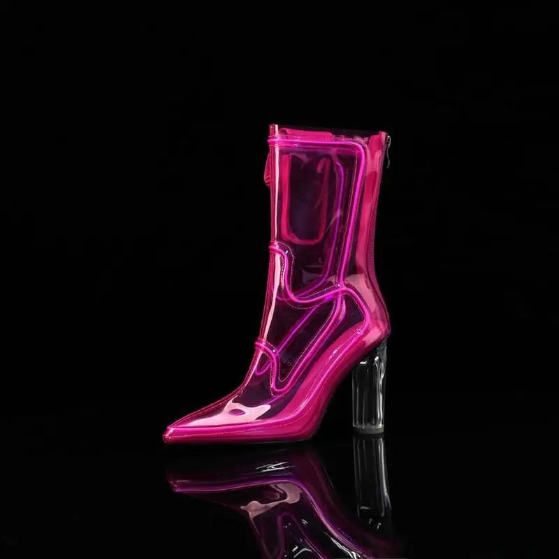 LED Light-Up Transparent PVC Luminous Fashion YK2 Ankle Boots Women Chunky Block Heel Pointed Toe Halloween Party Stage BootF491