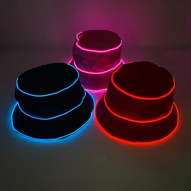 Luminous Neon LED Men Women Solid Color Bucket Hats Hip Hop Panama Cap Fisherman Hats Cotton Outdoor Summer Casual Fishing Cap