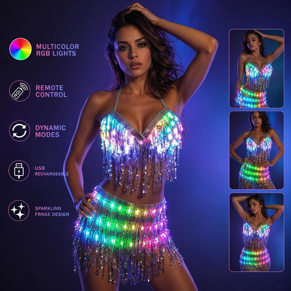 LED Glowing Sequin Tassel Dance Costume Light Up Festival Performance Outfit for Women Party Show