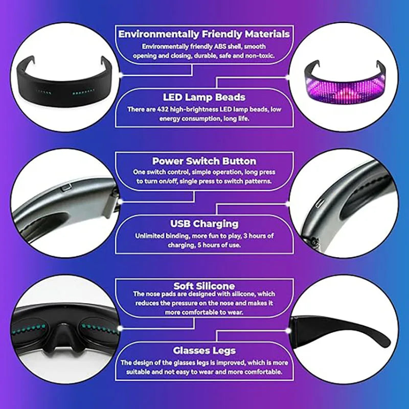 Shining Light up LED Glasses Bluetooth App Programmable Display Screen Rgb Luminous Glasses for Party, Birthday, Halloween