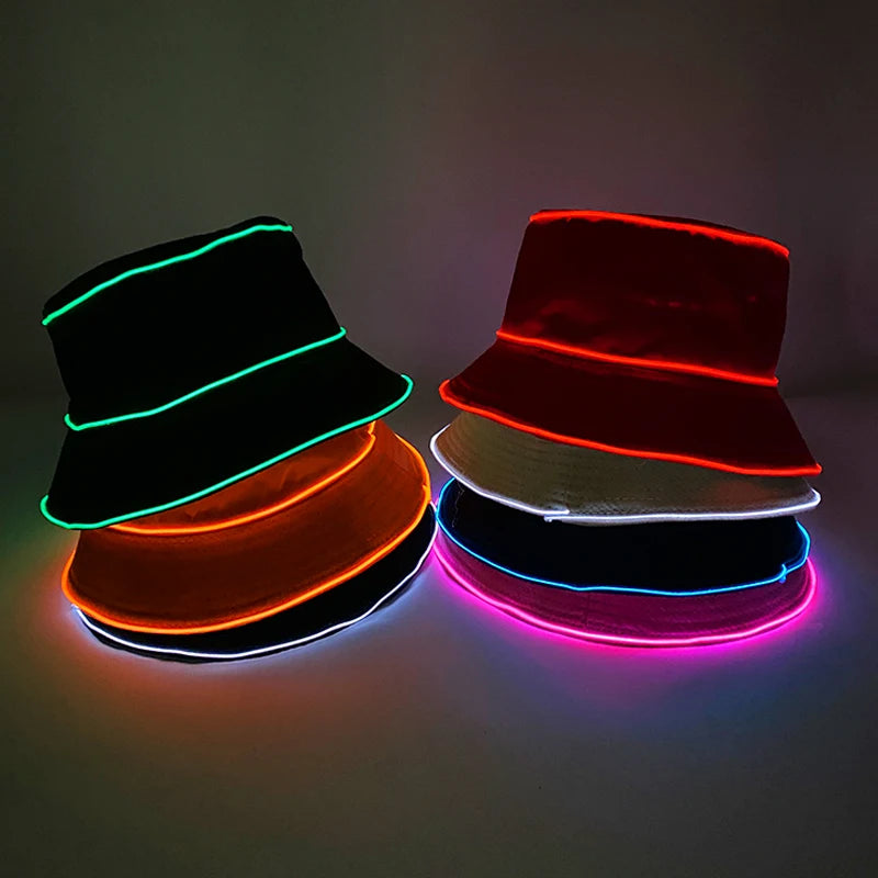 Luminous Neon LED Men Women Solid Color Bucket Hats Hip Hop Panama Cap Fisherman Hats Cotton Outdoor Summer Casual Fishing Cap