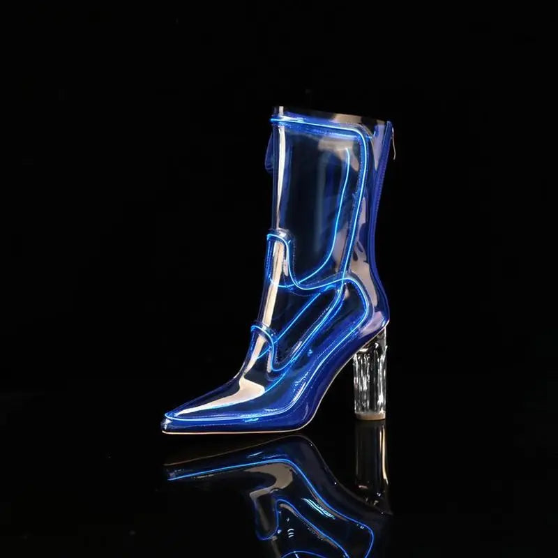 LED Light-Up Transparent PVC Luminous Fashion YK2 Ankle Boots Women Chunky Block Heel Pointed Toe Halloween Party Stage BootF491