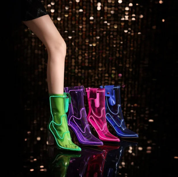 LED Light-Up Transparent PVC Luminous Fashion YK2 Ankle Boots Women Chunky Block Heel Pointed Toe Halloween Party Stage BootF491