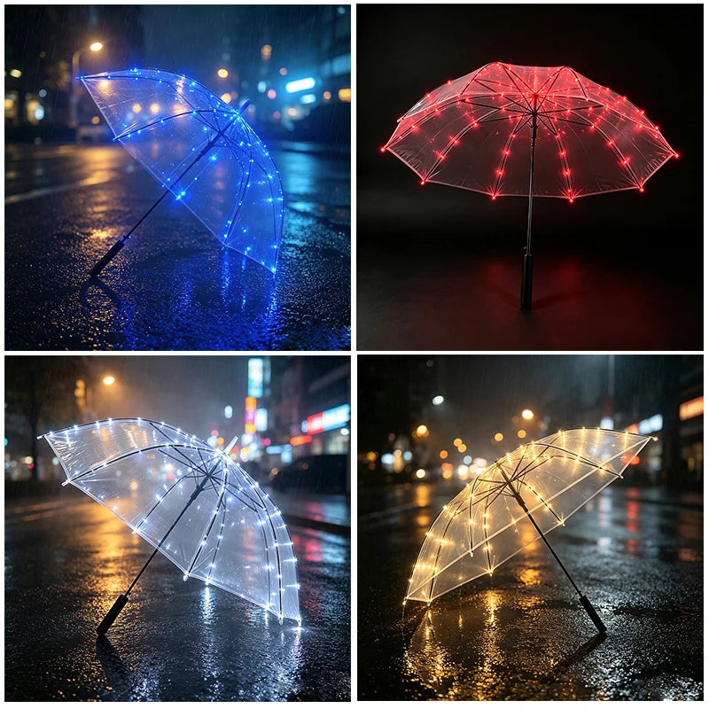 Luminous LED Light Up Transparent Umbrella Party Wedding Night Walking Decor Umbrella Multiple Colors Optional