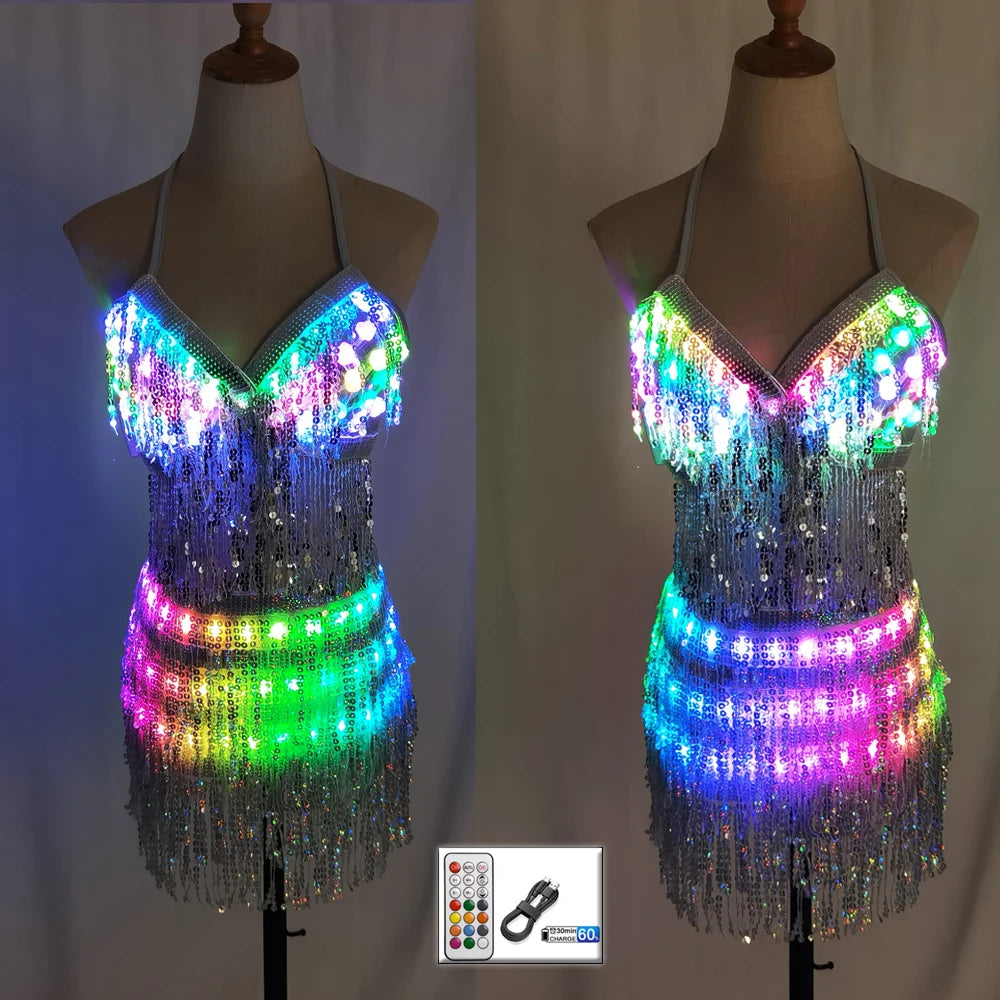 LED Glowing Sequin Tassel Dance Costume Light Up Festival Performance Outfit for Women Party Show