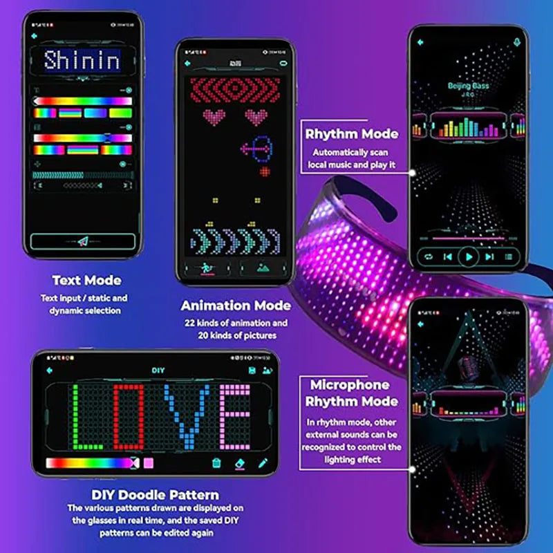 Shining Light up LED Glasses Bluetooth App Programmable Display Screen Rgb Luminous Glasses for Party, Birthday, Halloween